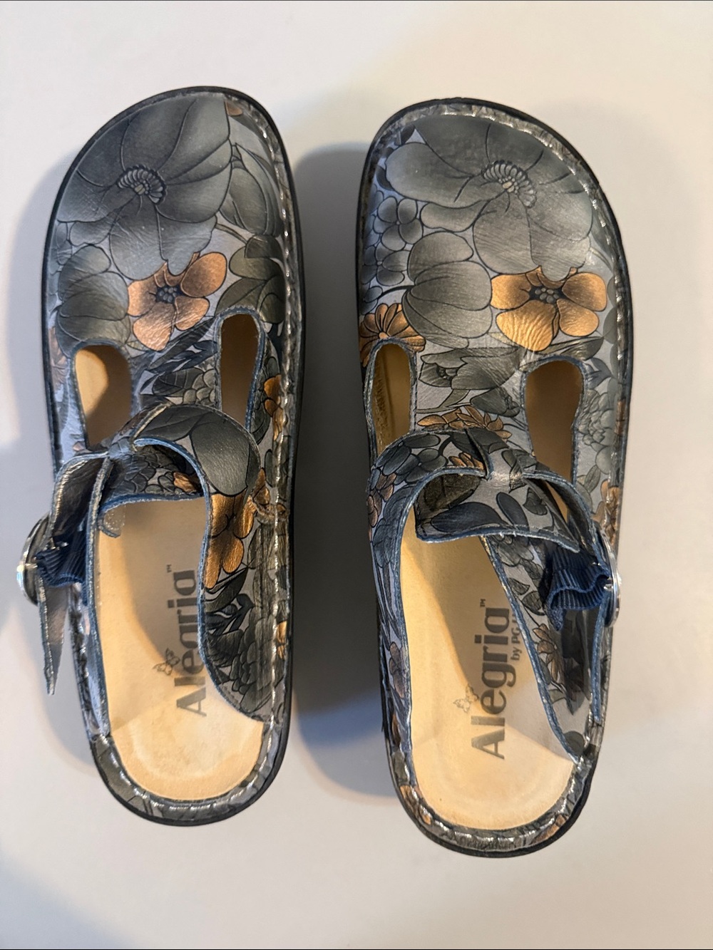 Alegria Floral Mary Jane Mules in Gray and Gold
